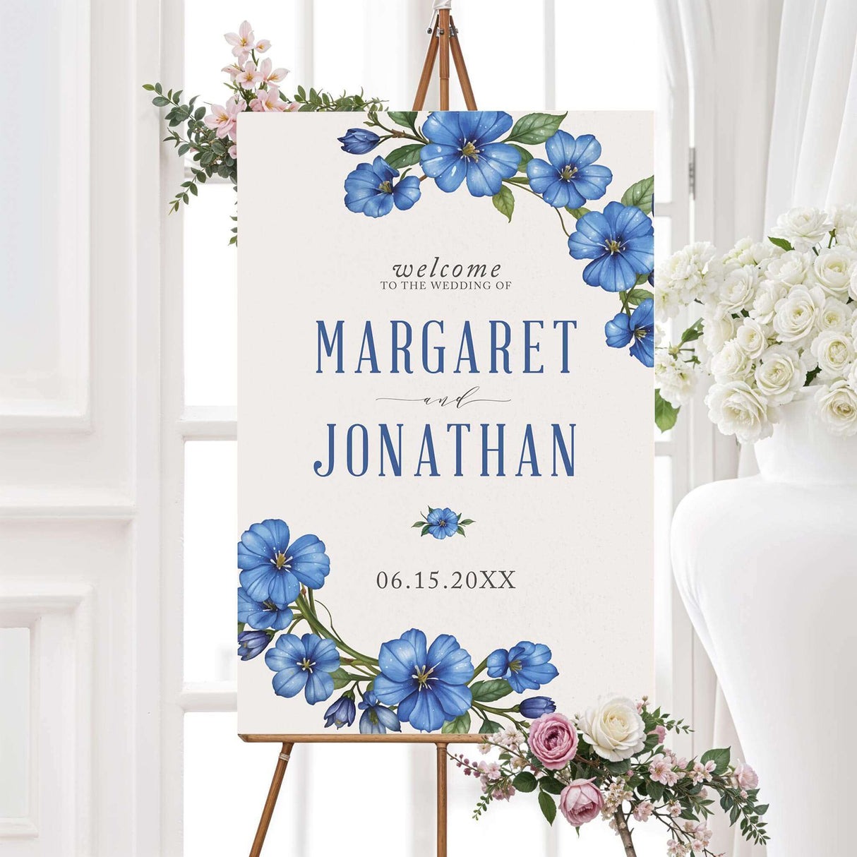 Personalized wedding welcome sign featuring botanical artwork and elegant script, printed on foam board, acrylic, or poster-style paper. Ideal for beach, outdoor garden, vineyard, or ballroom weddings, this custom welcome sign is available in multiple sizes. Customize with your names, wedding date, and personal message.