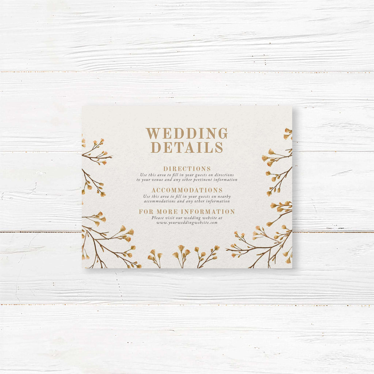 Botanical wedding details card featuring delicate vine accents and a sophisticated neutral-tone design. Perfect for sharing accommodation details, venue information, or wedding website links. Custom printed on high-quality cardstock. Complements rustic, elegant, and minimalist wedding themes for a coordinated wedding stationery suite.