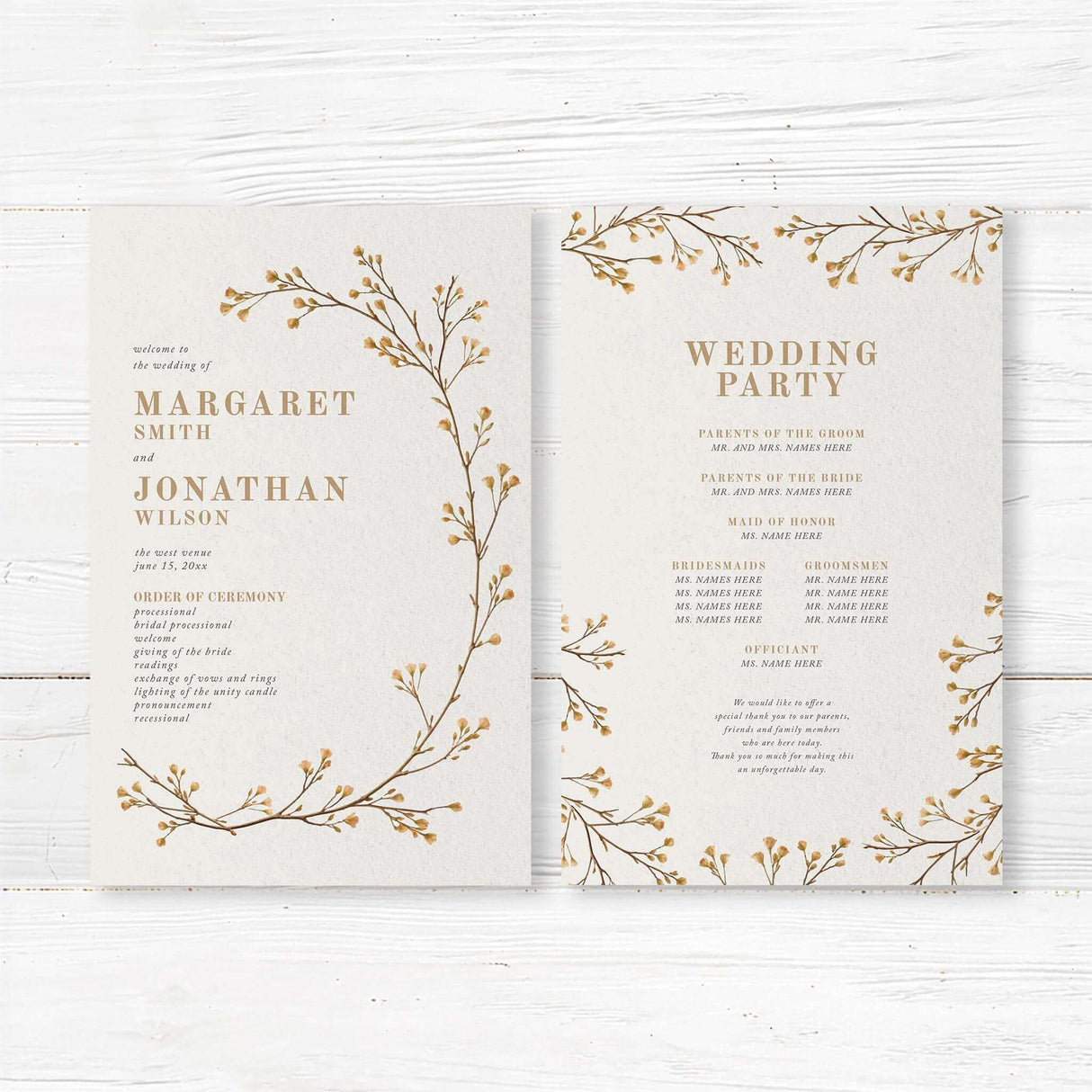 Elegant wedding ceremony program with gold vine details and modern script typography. Custom printed on high-quality cardstock with space for ceremony order, bridal party names, and special acknowledgments. Ideal for rustic, minimalist, and botanical wedding themes. Available in multiple sizes for a seamless wedding aesthetic.