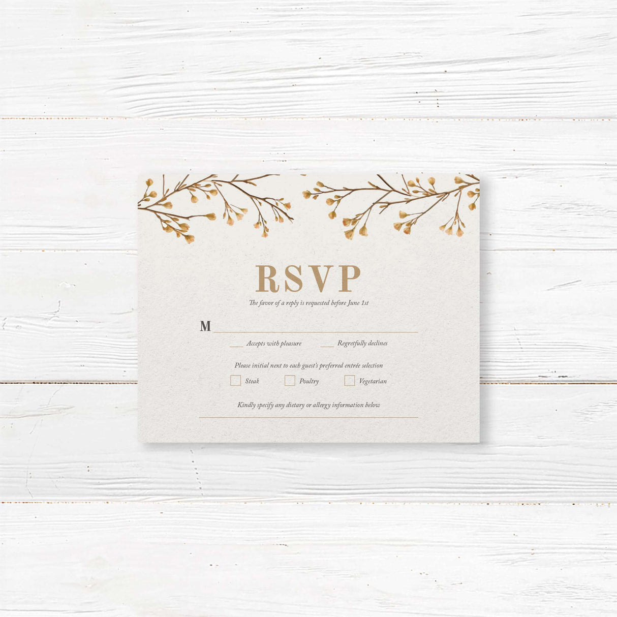 Neutral-tone RSVP card featuring elegant vine illustrations and classic serif typography. Customizable with guest names, attendance confirmation, and meal selection. Printed on premium-quality cardstock. Perfect for boho, minimalist, and rustic wedding themes. A sophisticated addition to any wedding invitation suite.