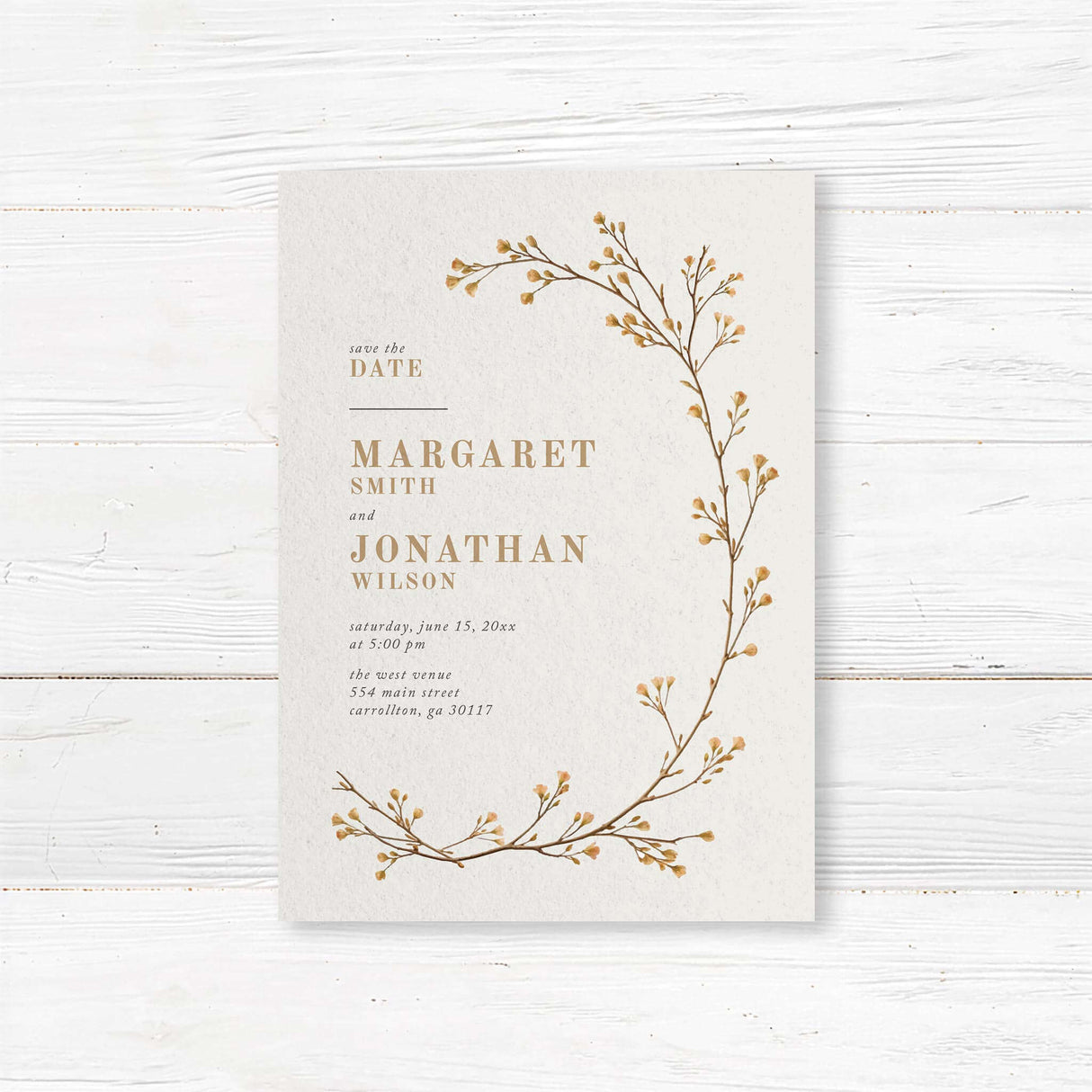 Elegant floral save the date card featuring hand-drawn botanical vines and refined typography. Printed on premium cardstock with matching envelopes. Customizable with names, wedding date, and location. Ideal for modern minimalist, rustic, and nature-inspired weddings. A stylish way to announce your wedding and ensure guests mark their calendars.