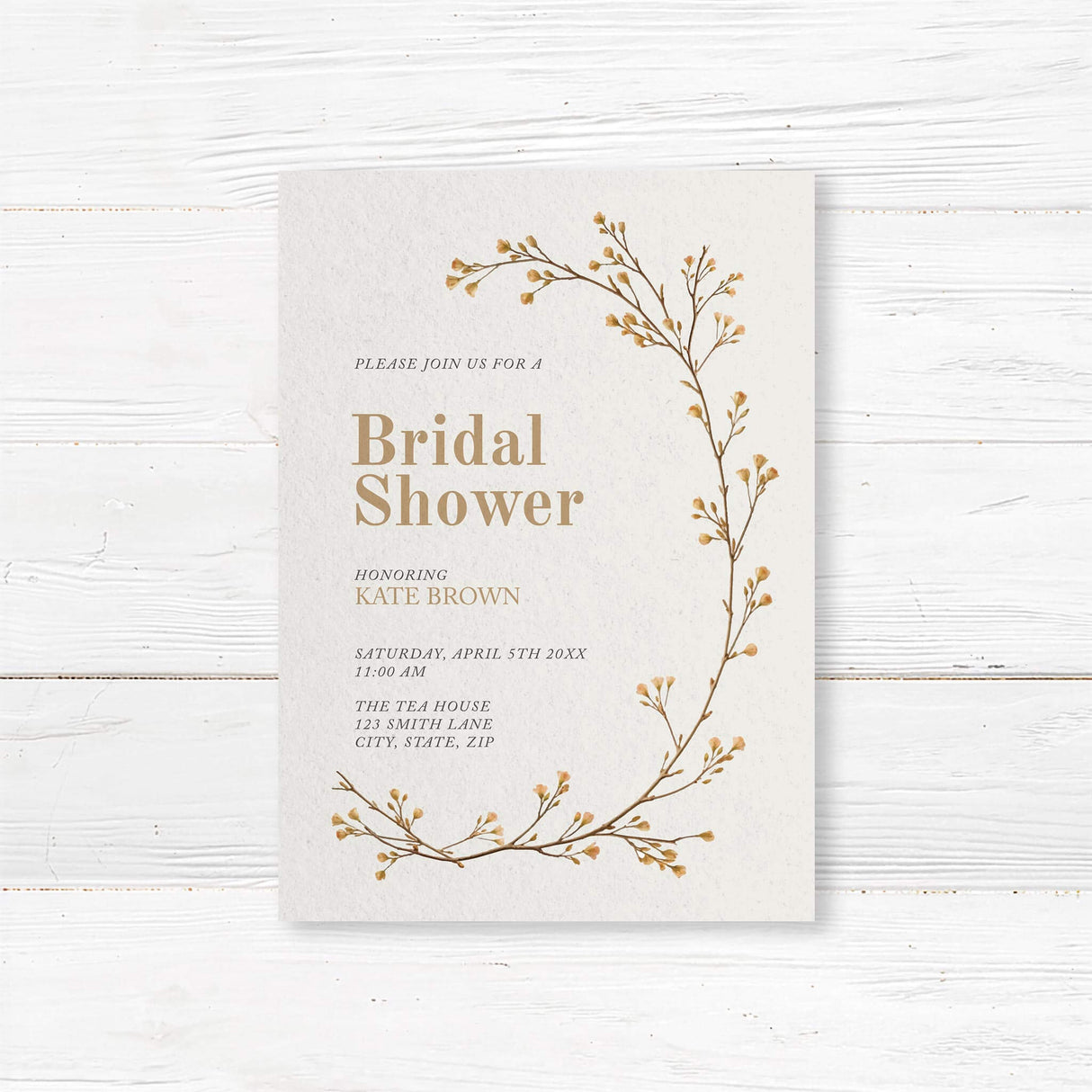Minimalist bridal shower invitation with delicate hand-drawn vine branches in earthy tones, printed on premium cardstock.