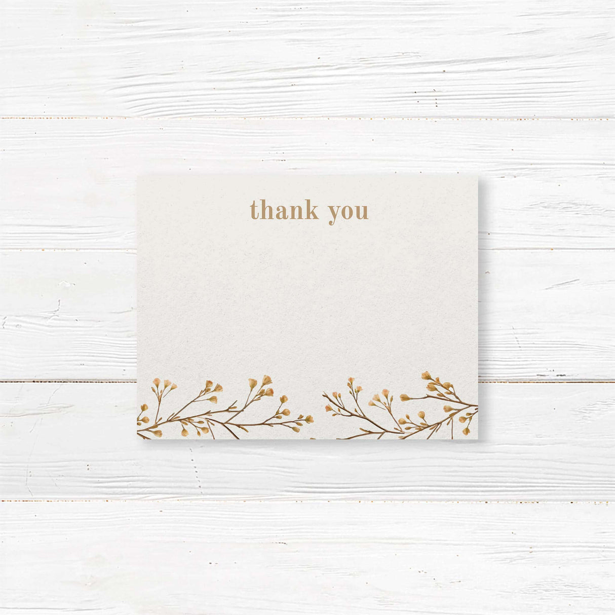 Minimalist bridal shower thank-you card featuring delicate vine branches in neutral tones, printed on premium cardstock for an elegant, modern touch.