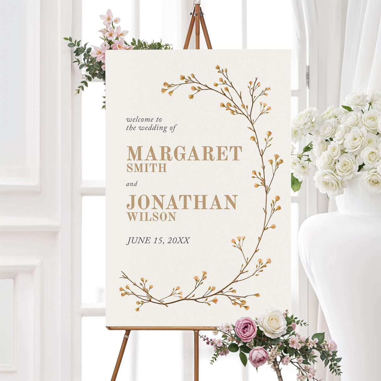 Rustic botanical wedding welcome sign featuring delicate vine artwork and modern typography. Printed on durable foam core or poster board for a polished display. Customizable with names and wedding date. Available in multiple sizes. Ideal for boho, garden, and outdoor wedding themes, adding a stylish touch to wedding entrances.