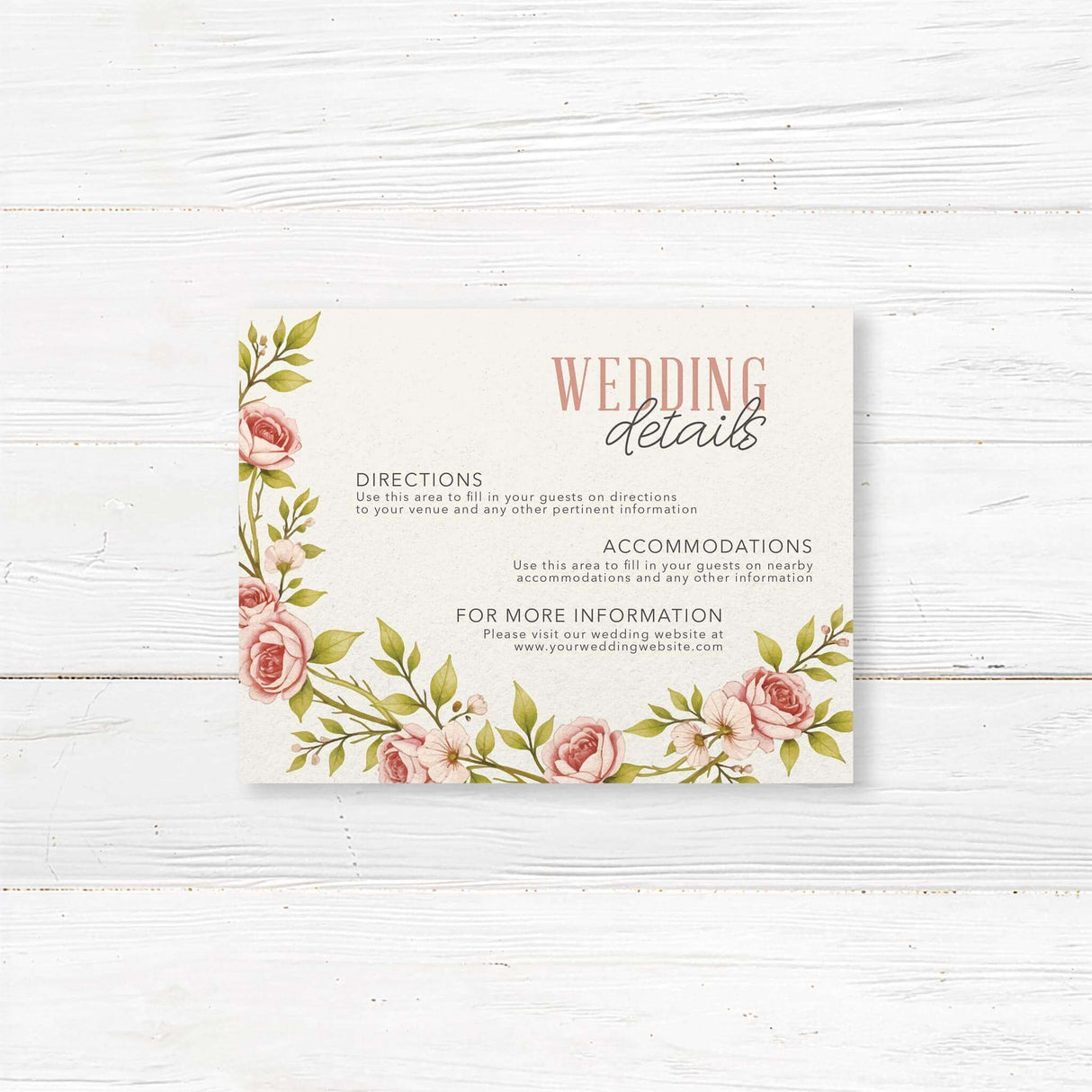 Provide guests with all the essential wedding details using this elegant vintage floral detail card. Featuring soft watercolor roses and a sophisticated script font, this card is printed on premium cardstock for a luxurious feel. Ideal for sharing venue directions, accommodation info, and schedule of events. Complements any romantic, boho, or garden wedding theme.