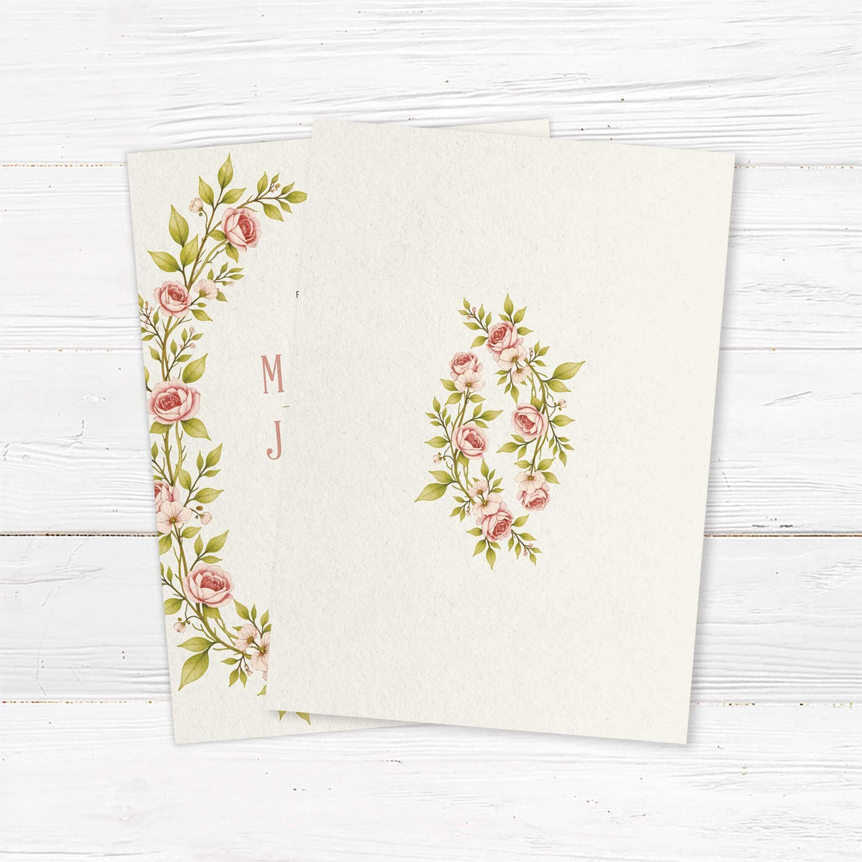 Elegant vintage floral wedding invitation featuring soft pink roses and lush green leaves in a delicate arch design. Printed on high-quality cardstock with customizable text for names, wedding date, and venue details. A timeless, romantic design perfect for rustic, boho, or garden weddings. Available in multiple sizes. back