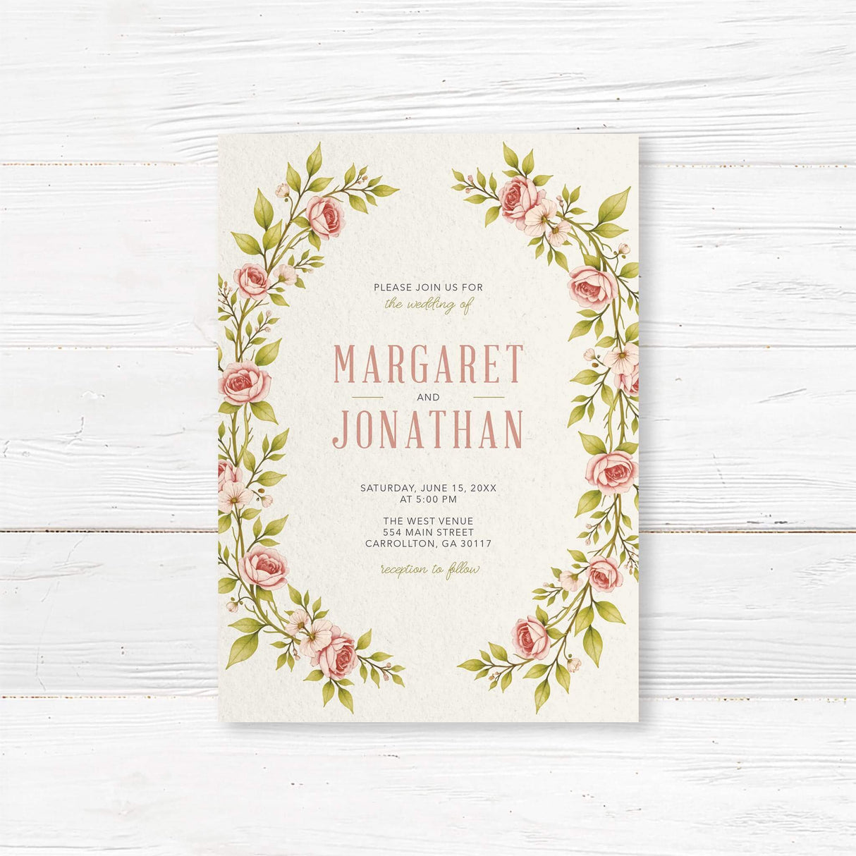 Elegant vintage floral wedding invitation featuring soft pink roses and lush green leaves in a delicate arch design. Printed on high-quality cardstock with customizable text for names, wedding date, and venue details. A timeless, romantic design perfect for rustic, boho, or garden weddings. Available in multiple sizes.