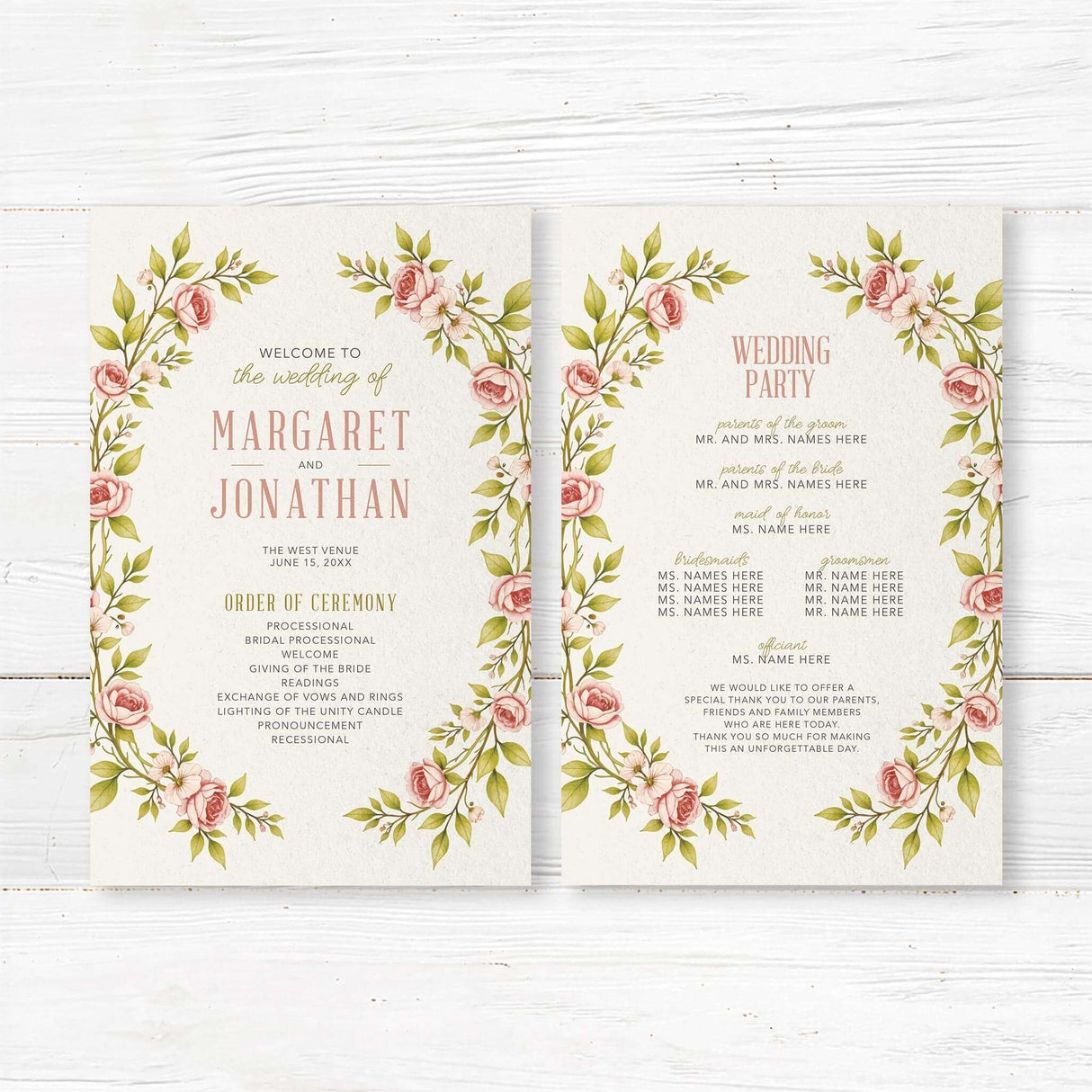 Guide your guests through your ceremony with a custom-printed wedding program featuring a vintage floral design with pink roses and lush greenery. Printed on high-quality cardstock, this elegant and timeless design includes space for the order of events, wedding party names, and a personal message. A perfect keepsake for guests at any classic, rustic, or romantic wedding