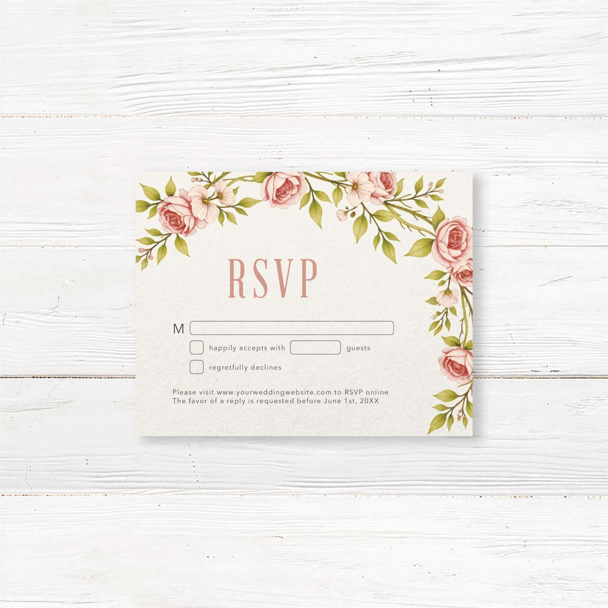 A charming RSVP card with a romantic vintage rose design, allowing guests to respond to your wedding with ease. Customizable response options, meal selections, and a special request section. Printed on thick cardstock, ensuring a professional and elegant finish. A perfect match for floral, rustic, or garden-themed weddings. Available with or without matching envelopes.