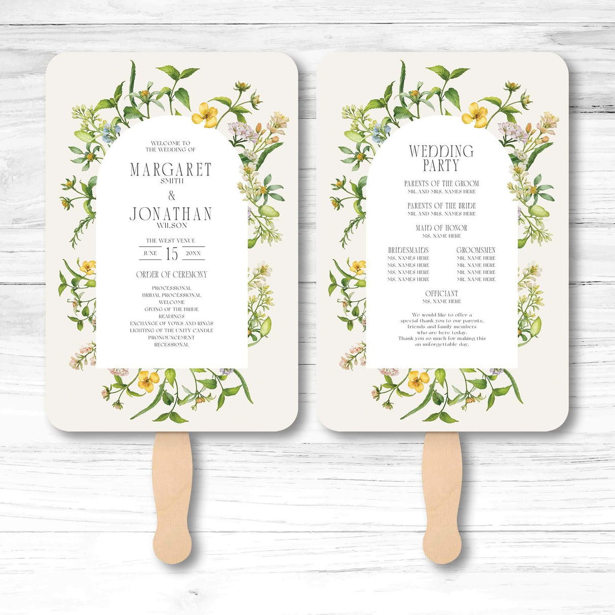 Wildflower wedding program fan with daisies and lavender, wooden handle, double-sided layout for ceremony order and wedding party list