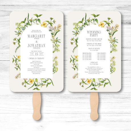 Wildflower wedding program fan with daisies and lavender, wooden handle, double-sided layout for ceremony order and wedding party list