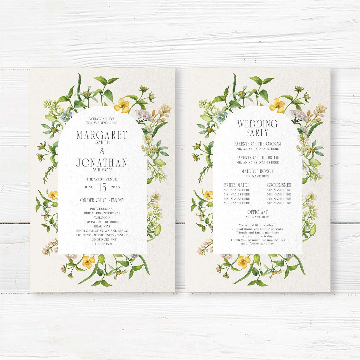 Elegant wedding program featuring a delicate watercolor floral arch with soft yellow, green, and pastel wildflowers. The refined layout provides space for ceremony details, wedding party names, and special notes, creating a timeless and romantic design perfect for garden, rustic, or spring weddings.