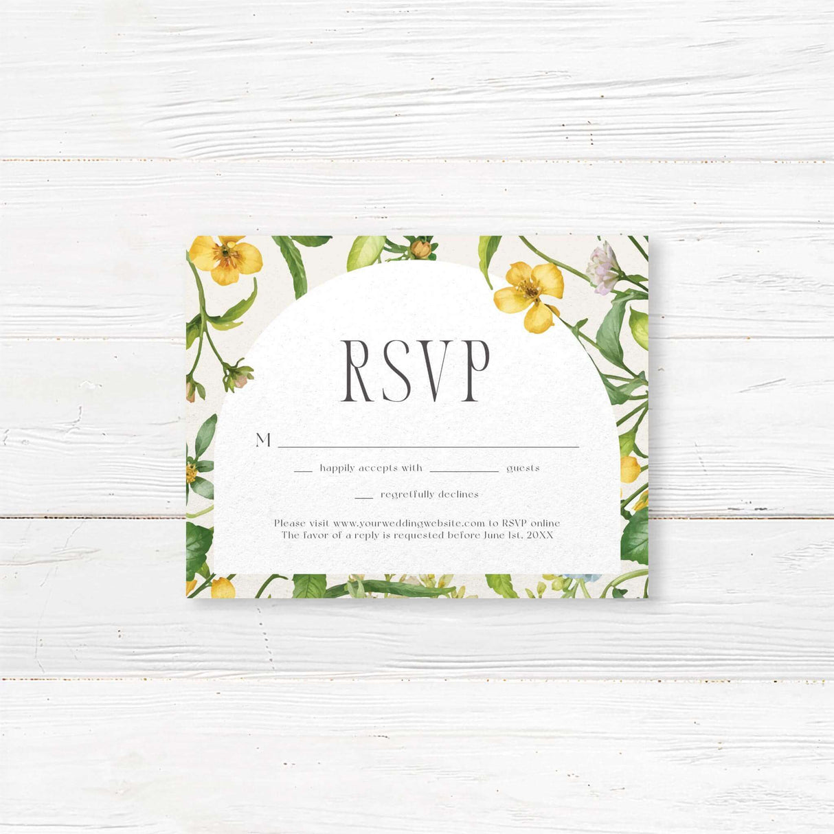 Beautiful RSVP card with a matching watercolor floral arch design. Features a clean, minimalist layout for guests to respond with ease, complementing a botanical or romantic wedding theme.