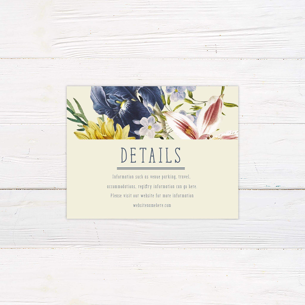 Wildflower-themed detail card with coordinating watercolor flowers and ample space for travel and accommodation info.
