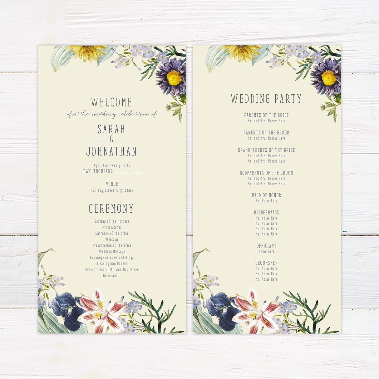 Wedding program with spring floral borders and coordinated fonts for ceremony details.