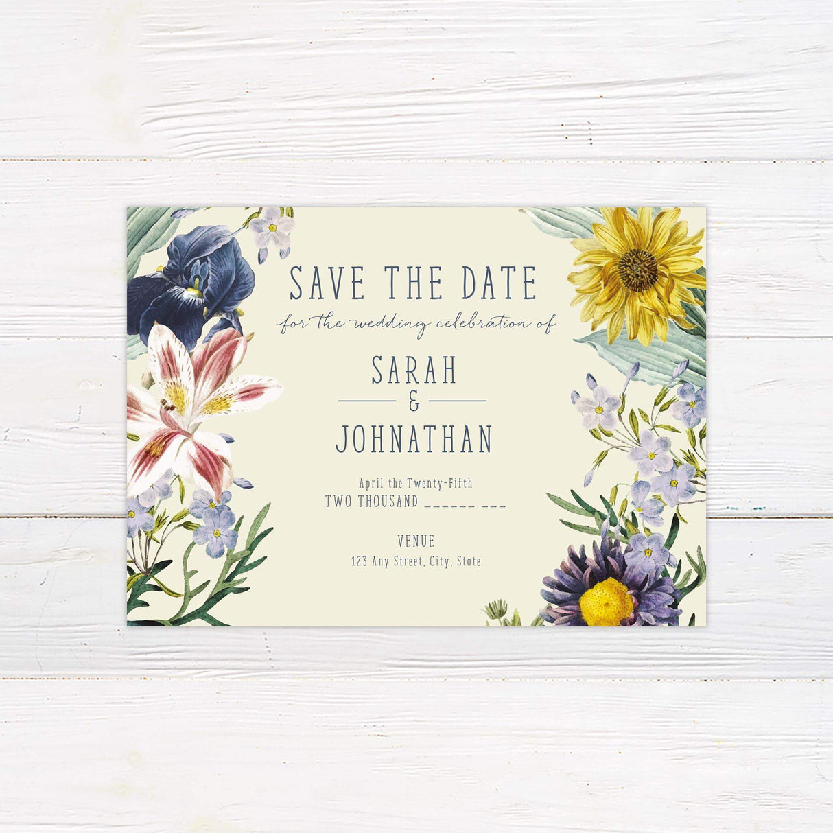 Save the Date card with matching spring wildflower illustrations and modern type styling.