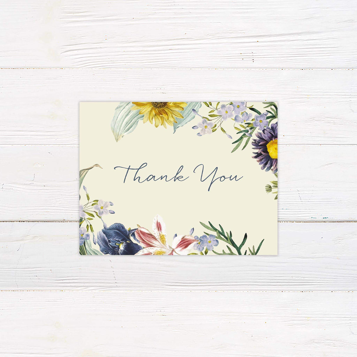 Matching thank you card with watercolor florals and elegant script, designed to pair with the wildflower suite.