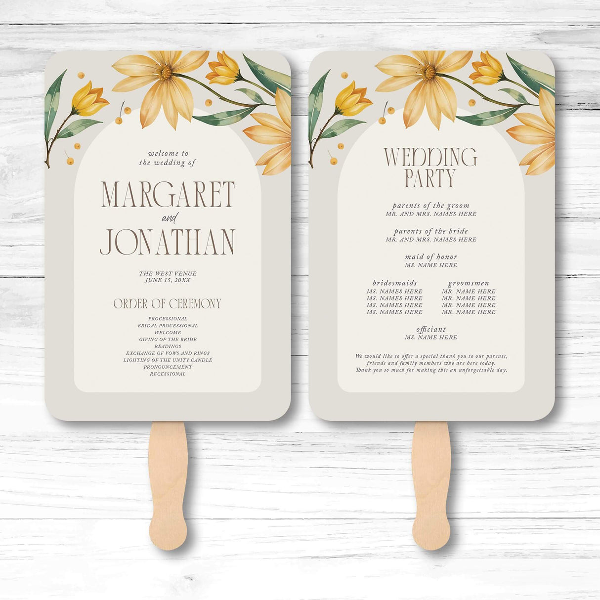 Elegant floral wedding program fan with botanical illustrations, wooden handle, and double-sided layout for ceremony and wedding party information