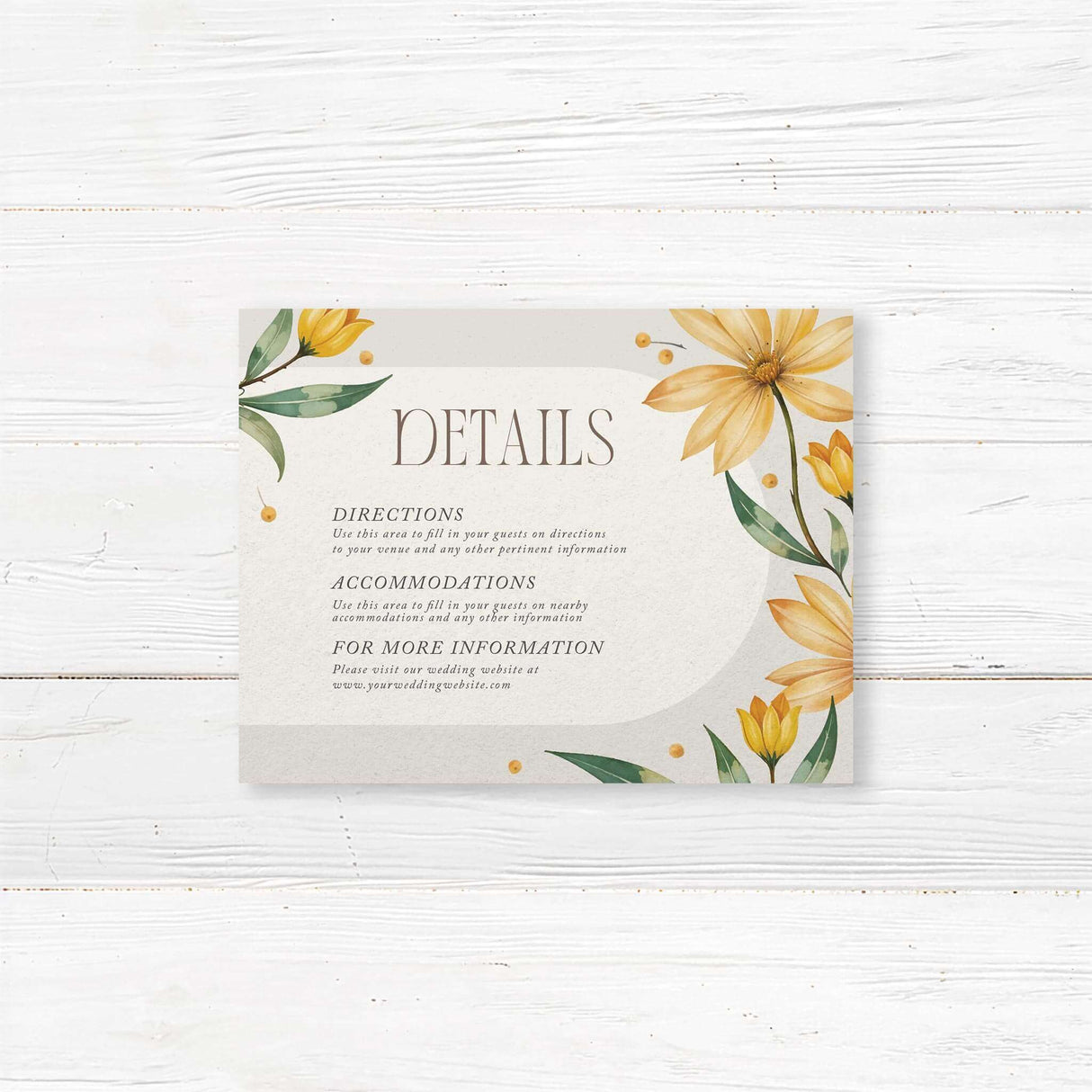 Wedding details card featuring a delicate watercolor yellow daisy motif. Designed to provide guests with essential venue, accommodation, and event information in a stylish and cohesive way.