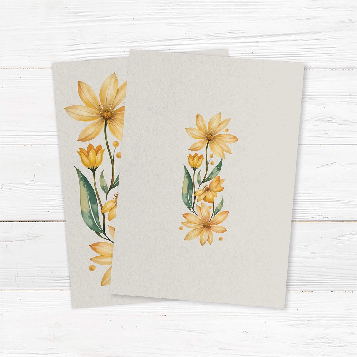 Elegant wedding invitation featuring a watercolor floral design with vibrant yellow daisies and lush green leaves. A modern, arched text area adds a sophisticated touch, perfect for garden, rustic, or botanical weddings. Back.