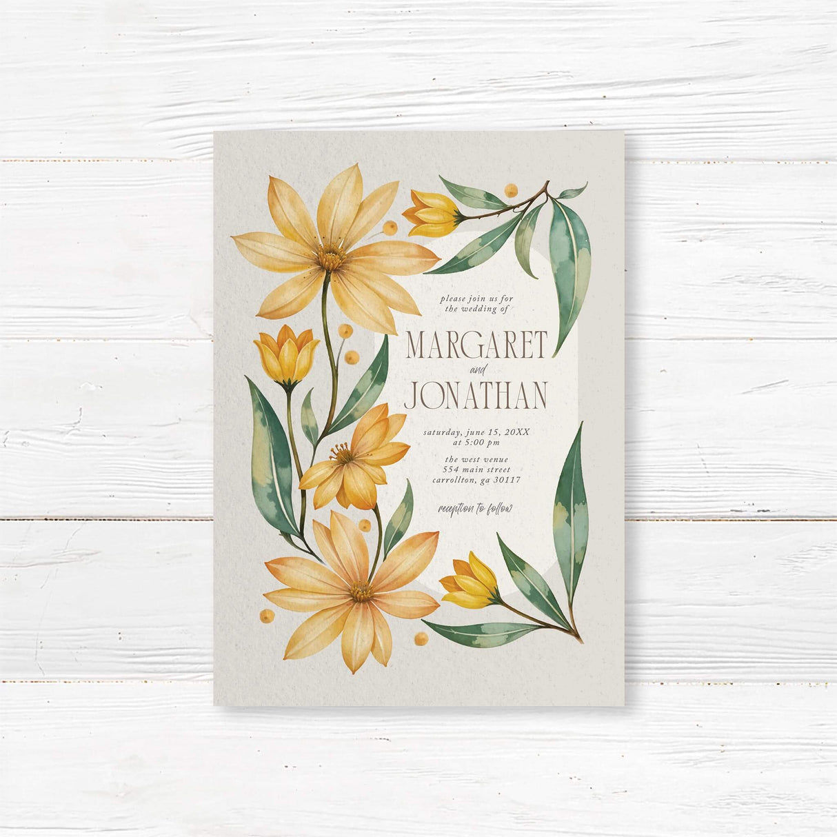 Elegant wedding invitation featuring a watercolor floral design with vibrant yellow daisies and lush green leaves. A modern, arched text area adds a sophisticated touch, perfect for garden, rustic, or botanical weddings