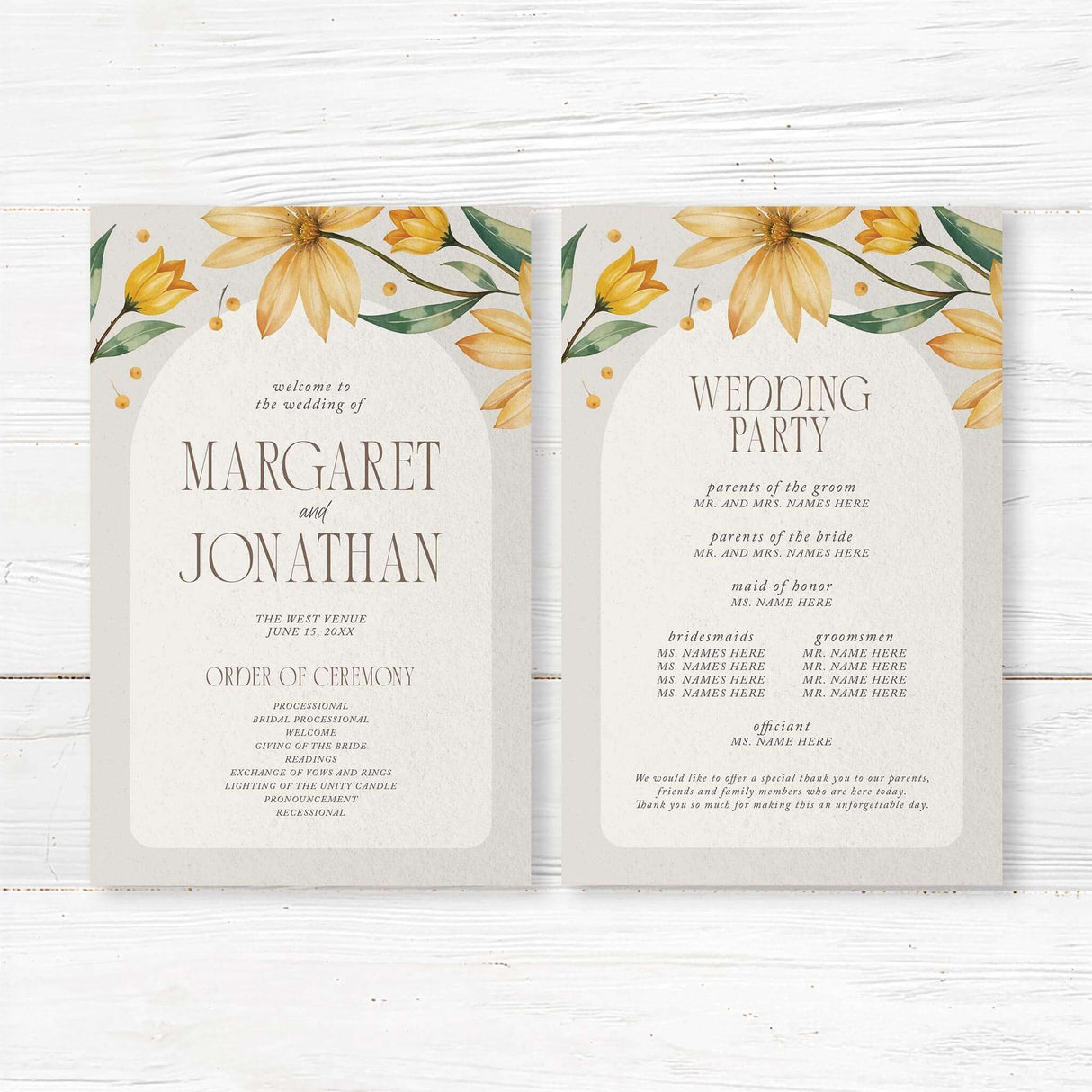 Floral wedding program with a refined yellow daisy watercolor design. The layout includes space for ceremony details, wedding party names, and special notes, making it a perfect addition to any rustic or garden wedding