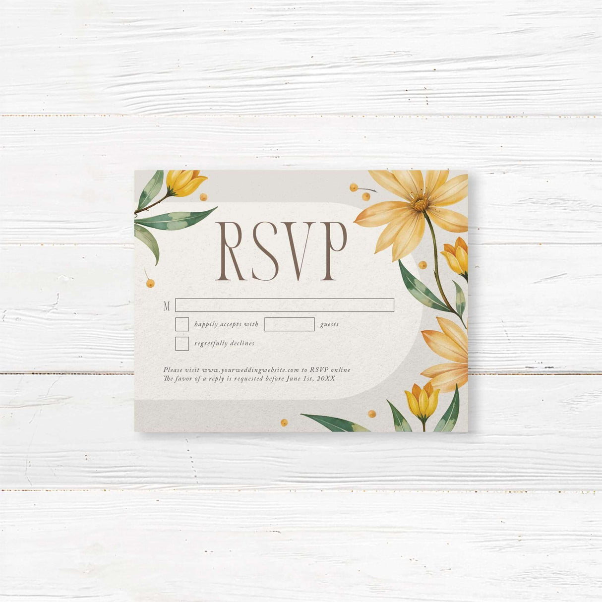 Beautiful RSVP card with a matching watercolor yellow daisy design. A simple and elegant layout makes it easy for guests to respond while complementing a floral or nature-inspired wedding theme.