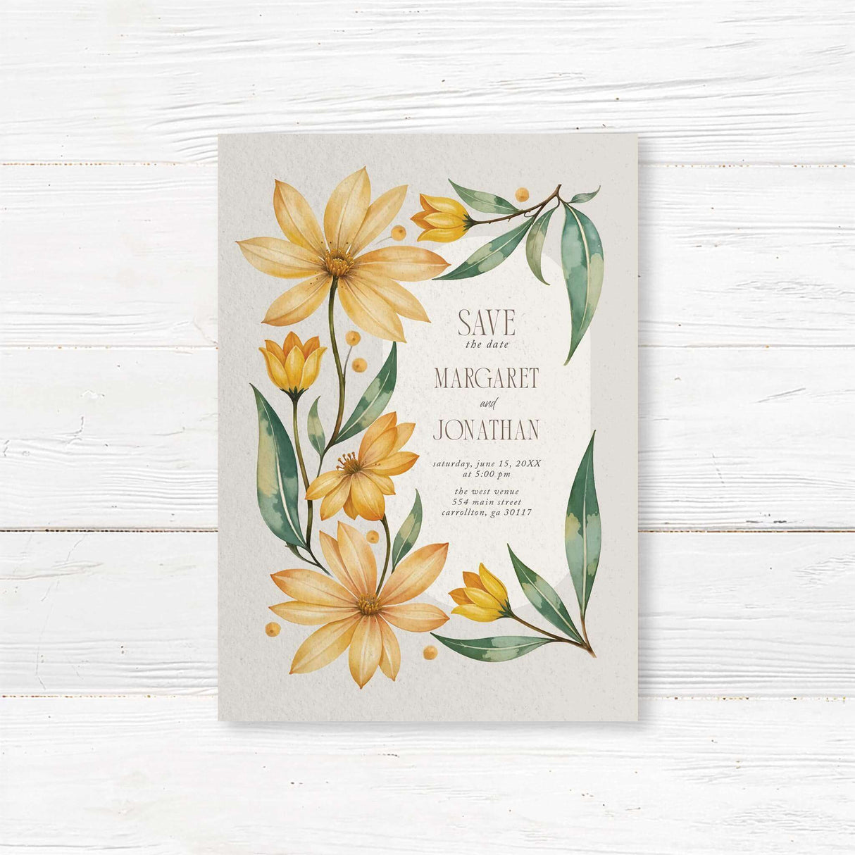 Beautiful Save the Date card featuring a soft watercolor yellow daisy design. The stylish layout and floral accents create a romantic and inviting way to announce your wedding day.