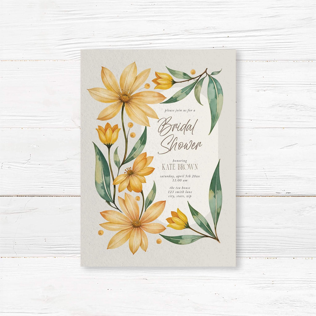 Elegant bridal shower invitation featuring hand-painted yellow daisies, greenery, and a watercolor floral design, printed on premium cardstock.