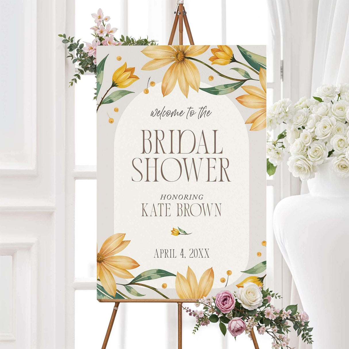 Bridal shower welcome sign featuring watercolor yellow daisies and greenery, printed on high-quality material for elegant floral-themed décor.