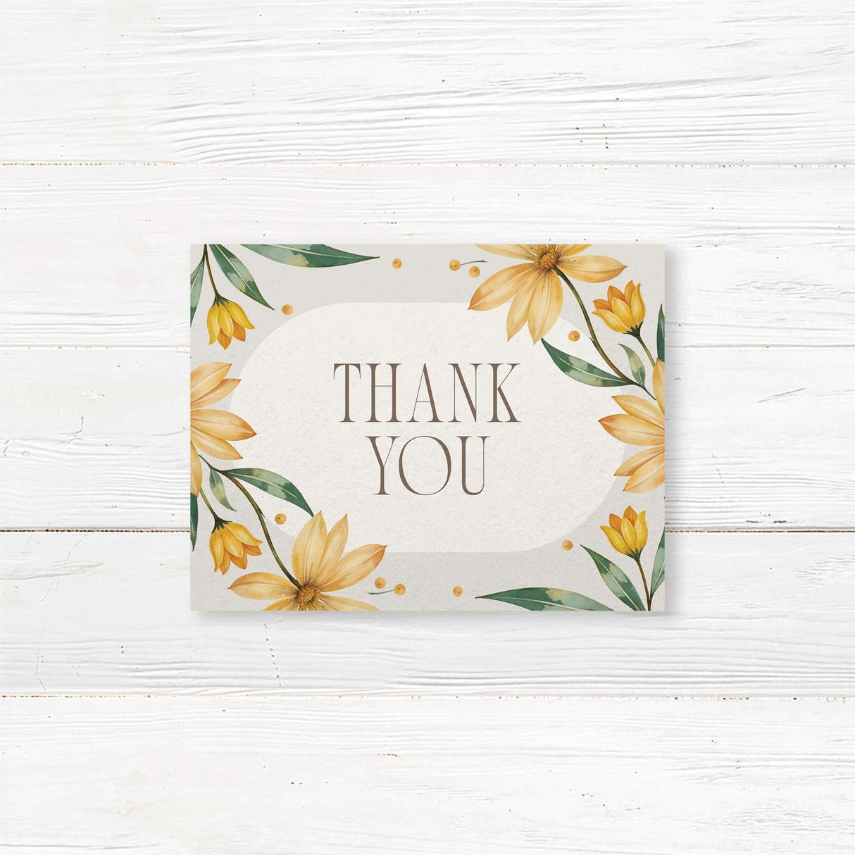 Charming thank you card with a delicate watercolor yellow daisy design, perfect for expressing gratitude with elegance and warmth. A timeless keepsake for wedding guests and loved ones.