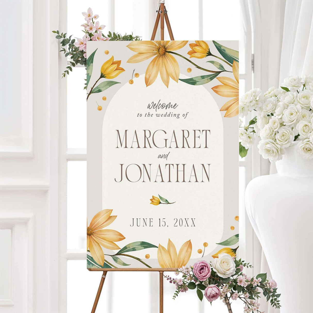 Elegant wedding welcome sign featuring a romantic watercolor yellow daisy design. The inviting floral aesthetic creates a warm and stylish entrance for guests at the ceremony or reception.