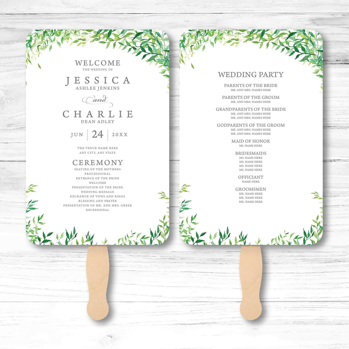 Botanical greenery wedding program fan with vine illustration, wooden handle, and double-sided layout for ceremony details and wedding party info