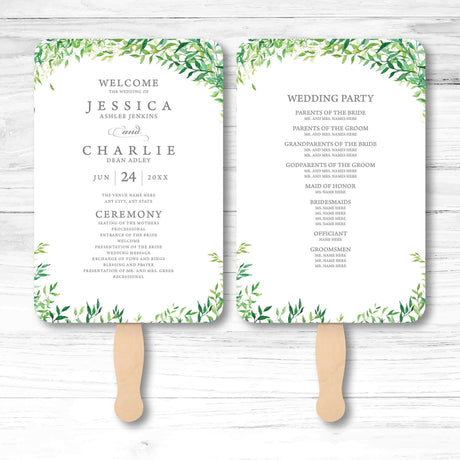 Botanical greenery wedding program fan with vine illustration, wooden handle, and double-sided layout for ceremony details and wedding party info