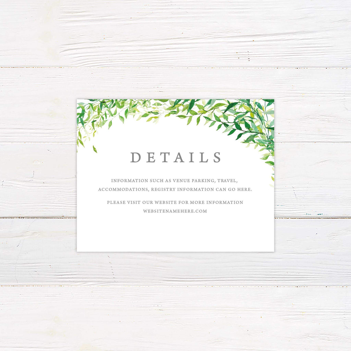 Coordinated detail card with leafy border and space for venue and accommodation info.