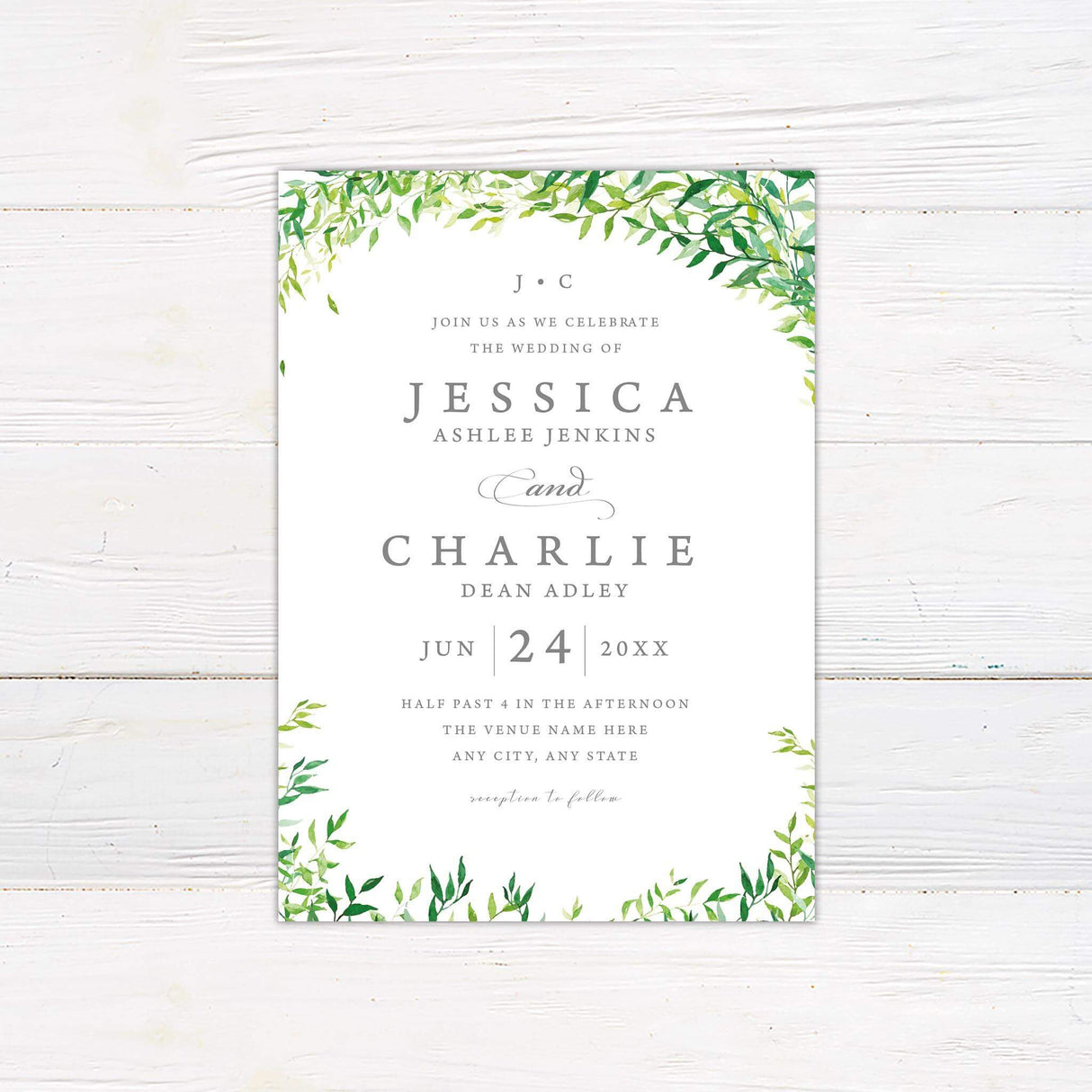 Elegant wedding invitation featuring watercolor greenery framing the text on a light background. A mix of serif and script fonts adds a sophisticated touch, with details of the wedding date, time, and location. "Reception to follow" is included at the bottom. A timeless and stylish design perfect for nature-inspired or classic weddings.