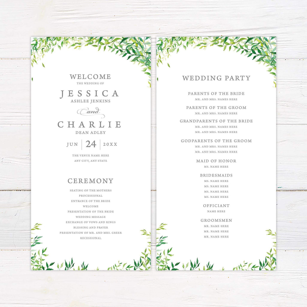Wedding program featuring a greenery design with watercolor leaves framing the top and bottom. The left panel welcomes guests, displays the couple's names, wedding date, venue, and outlines the ceremony order. The right panel lists the wedding party, including roles such as parents, grandparents, maid of honor, bridesmaids, officiant, and groomsmen. The design has an elegant and natural theme, perfect for a classic or botanical-inspired wedding.