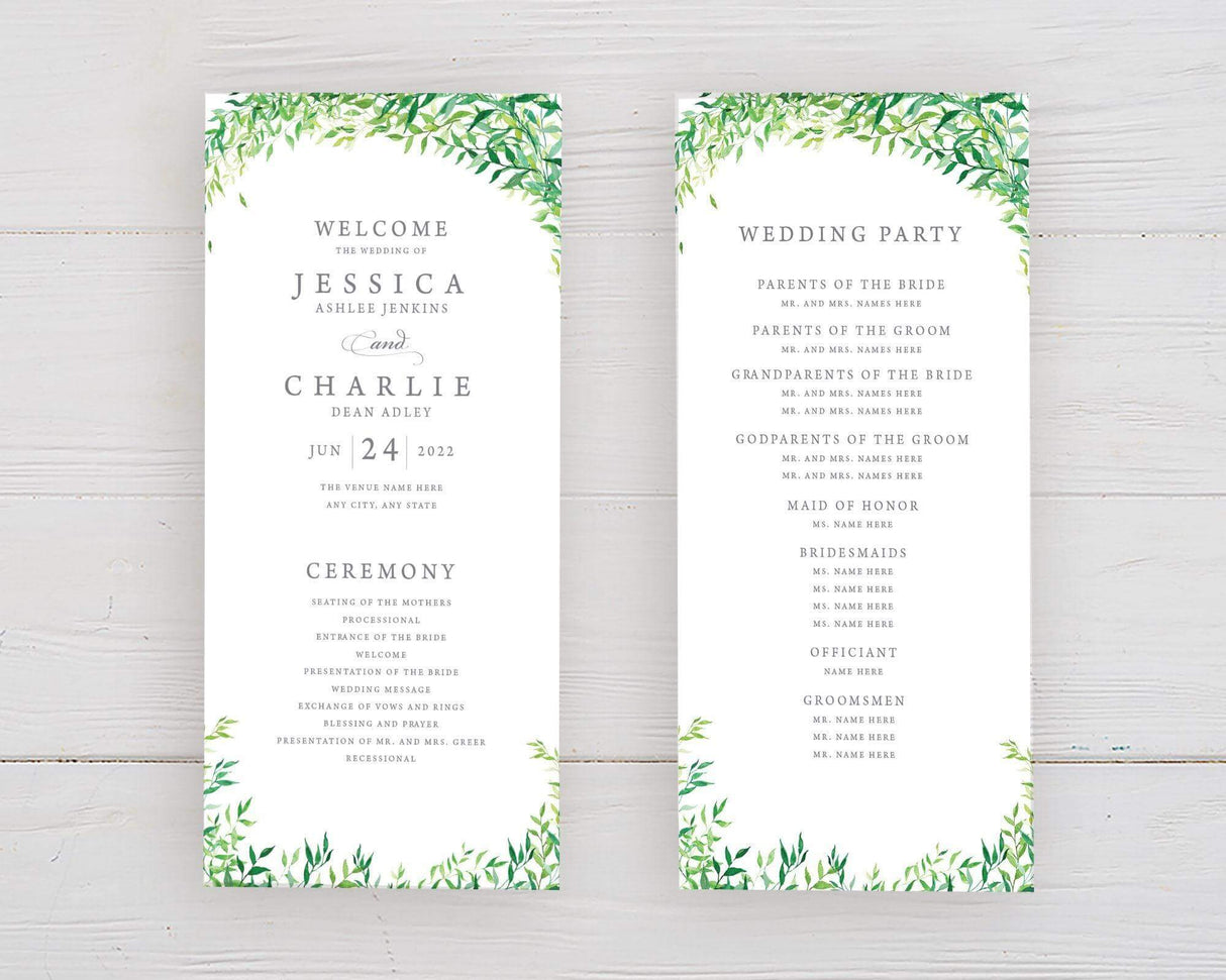 Wedding program featuring a greenery design with watercolor leaves framing the top and bottom. The left panel welcomes guests, displays the couple's names, wedding date, venue, and outlines the ceremony order. The right panel lists the wedding party, including roles such as parents, grandparents, maid of honor, bridesmaids, officiant, and groomsmen. The design has an elegant and natural theme, perfect for a classic or botanical-inspired wedding.