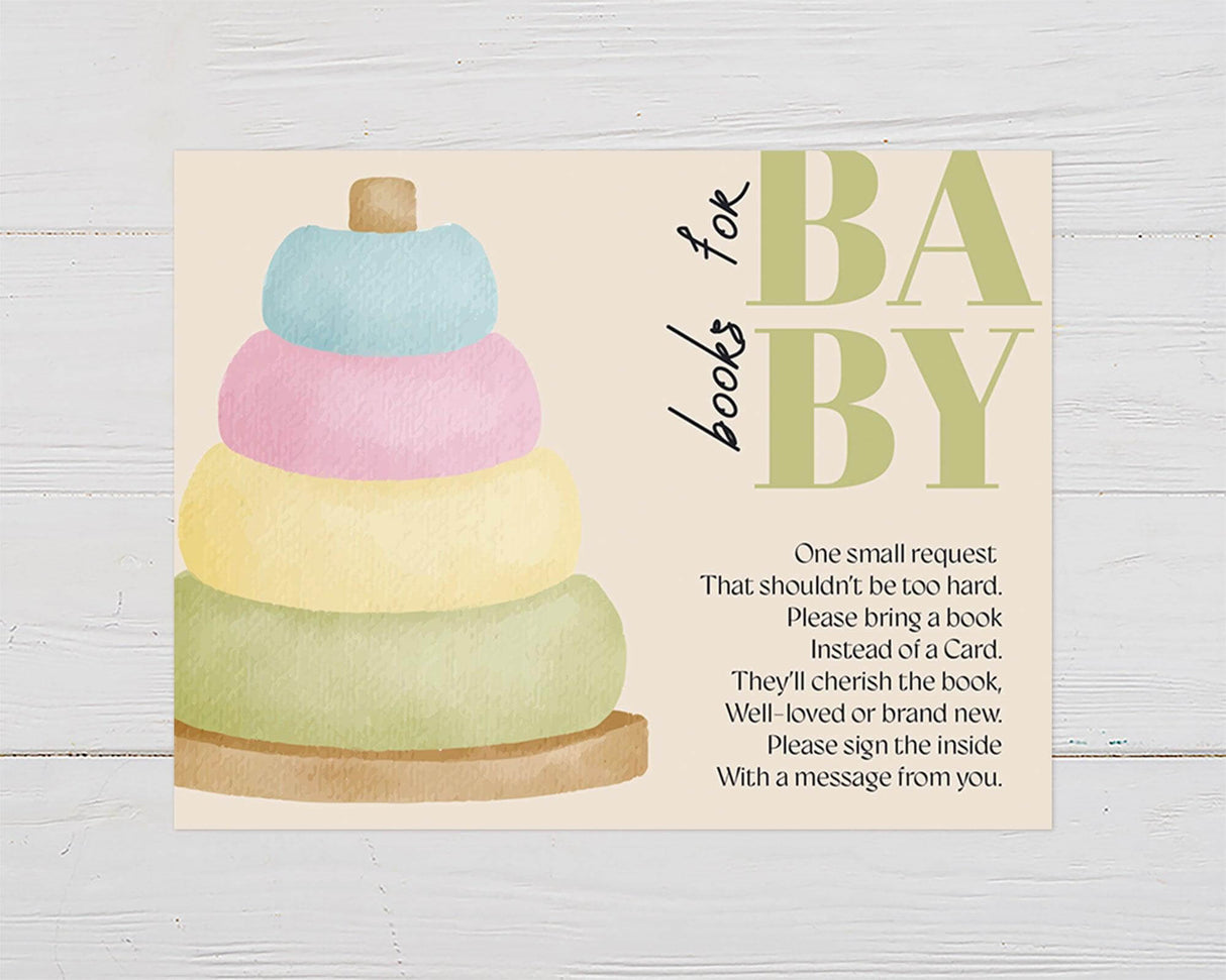 Neutral books for baby card with pastel stacking rings and elegant typography. Perfect for gender-neutral, minimalist, or modern baby shower celebrations