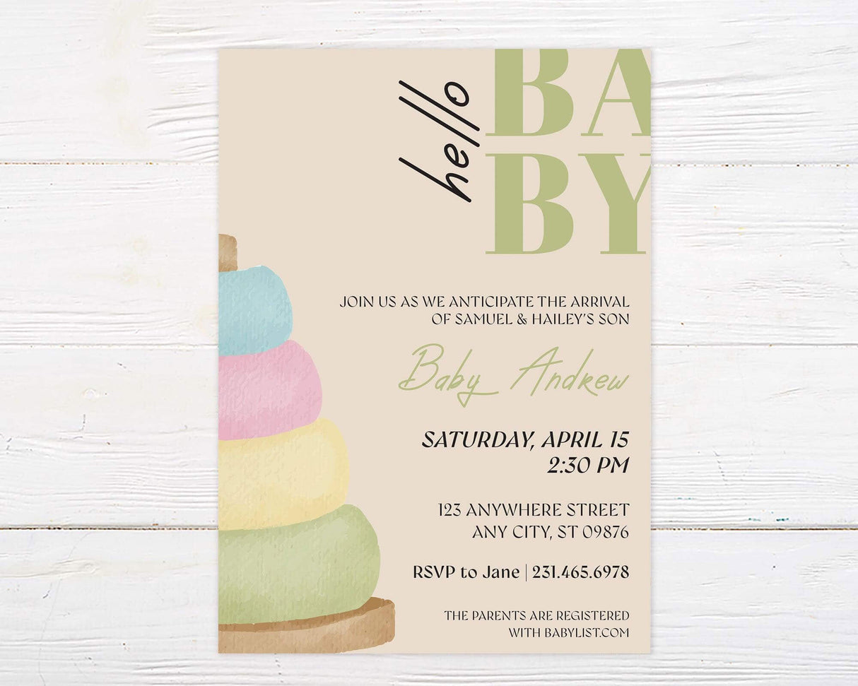 Neutral baby shower invitation with pastel stacking rings and elegant typography. Perfect for gender-neutral, minimalist, or modern baby shower celebrations