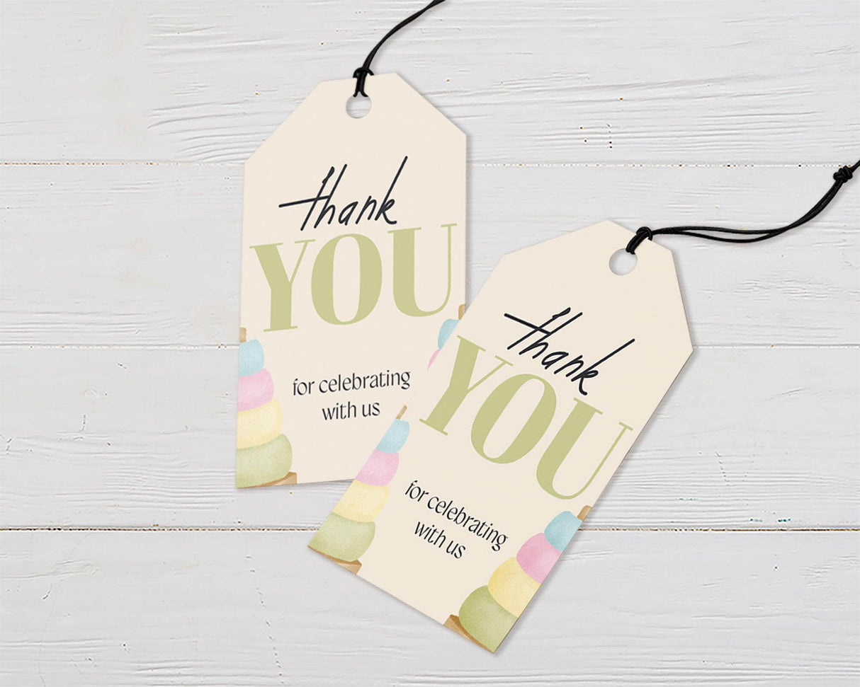 Neutral favor tags with pastel stacking rings and elegant typography. Perfect for gender-neutral, minimalist, or modern baby shower celebrations.