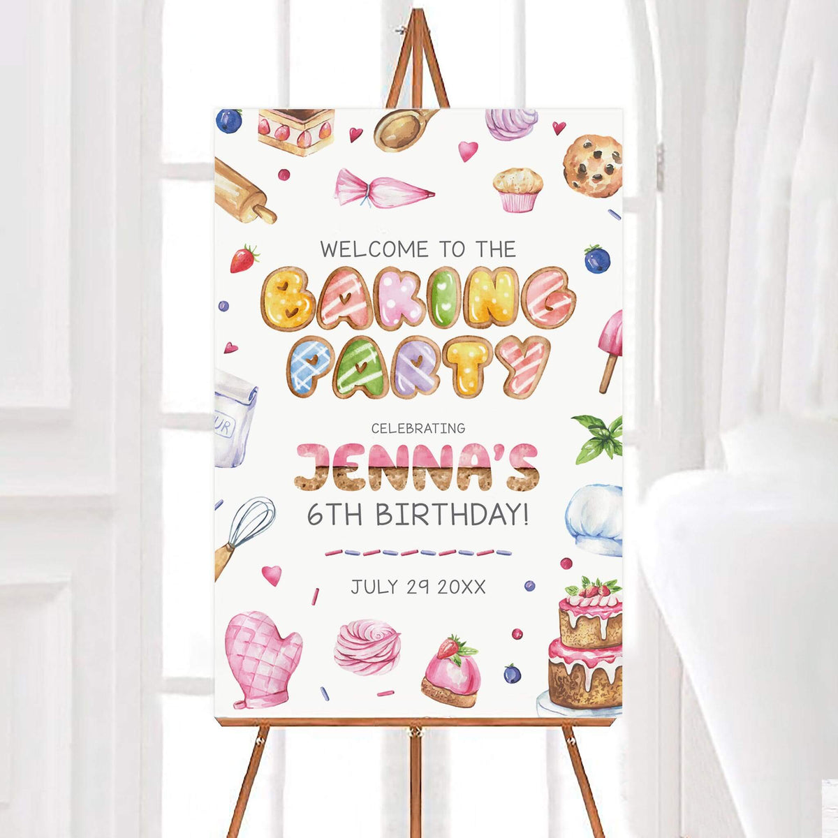 Colorful star baker party birthday welcome sign featuring watercolor desserts, cookies, cupcakes, and baking utensils. Frosted cookie lettering highlights the baking party theme with personalized birthday details.