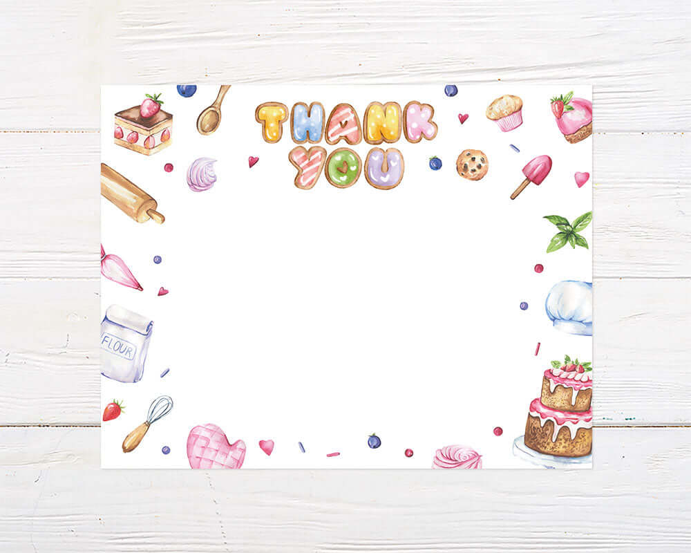 Colorful baking-themed thank you card featuring watercolor illustrations of cakes, cookies, pastries, and baking tools. The card has a whimsical design with a candy-style “Thank You” header surrounded by treats and utensils.