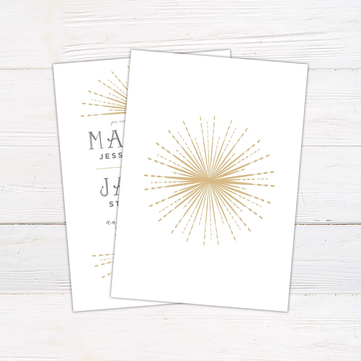 Wedding invitation with radiant gold sunburst artwork above and below modern text layout on white background, using serif and script fonts. - back side