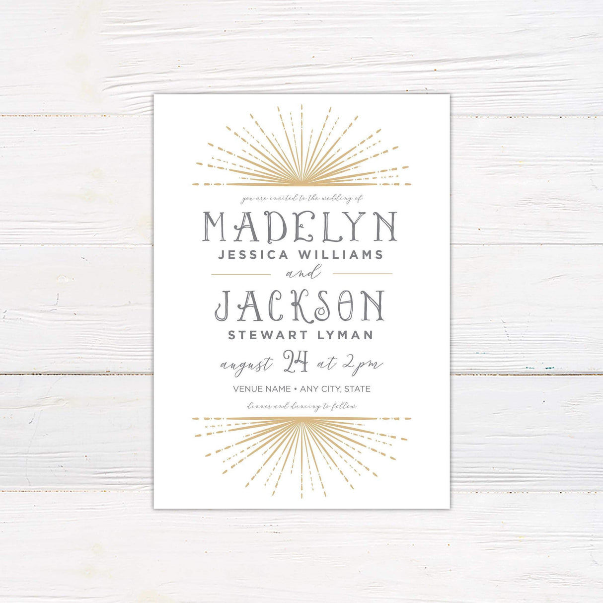 Wedding invitation with radiant gold sunburst artwork above and below modern text layout on white background, using serif and script fonts.