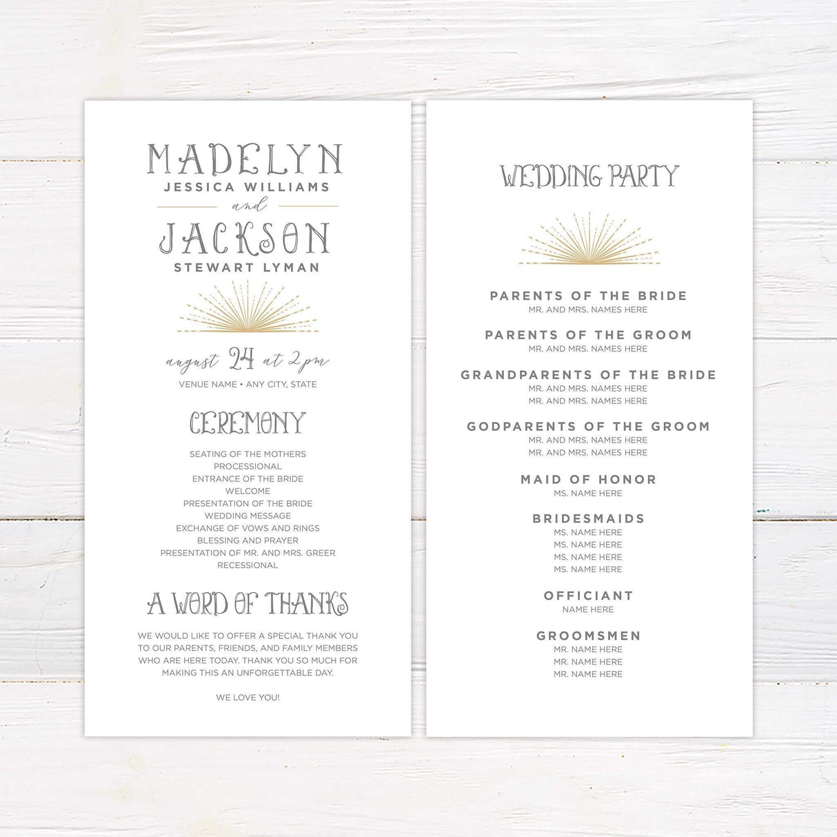 Wedding program card designed with golden sunburst elements and clean typography to match the Starburst invitation theme.