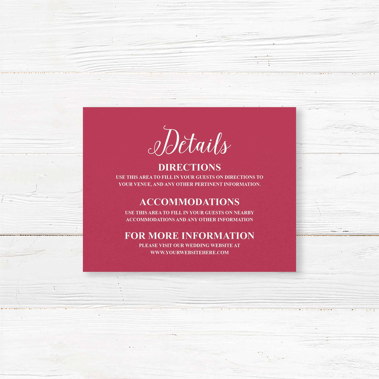 Wedding detail card with pink stargazer lilies, roses, and serif text on white cardstock. Matches the Stargazer Spring wedding stationery collection.