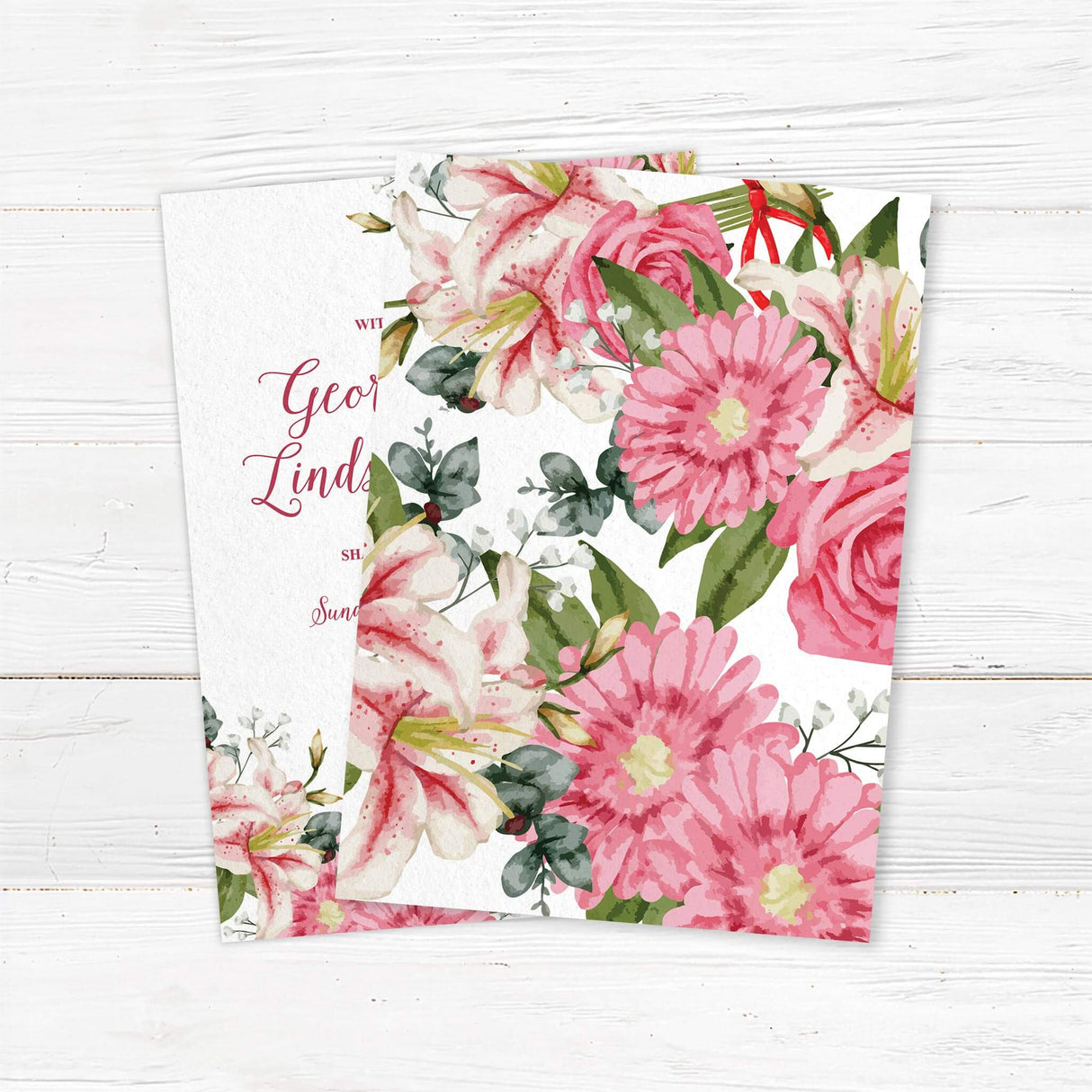 Wedding invitation back with watercolor stargazer lilies, roses, and vibrant pink floral accents. Features elegant script fonts on soft white textured cardstock. Perfect for spring or summer weddings.