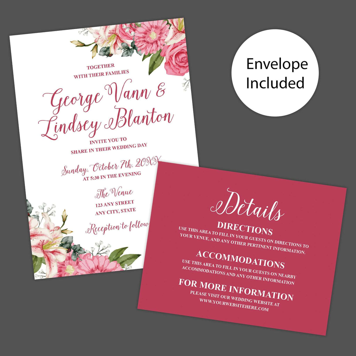 Wedding invitation with watercolor stargazer lilies, roses, and vibrant pink floral accents. Features elegant script fonts on soft white textured cardstock. Perfect for spring or summer weddings. Invitation and Detail