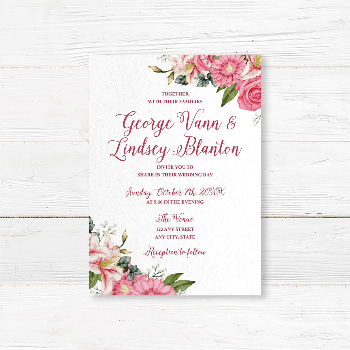 Wedding invitation with watercolor stargazer lilies, roses, and vibrant pink floral accents. Features elegant script fonts on soft white textured cardstock. Perfect for spring or summer weddings.